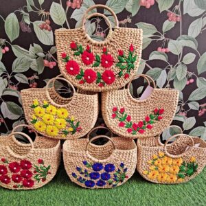 12x9 Inch Hand-Embroidered Natural Straw Bag – Elegant Floral Design Tote for Women